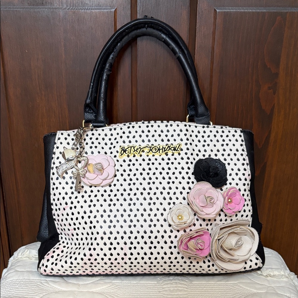 Betsey Johnson Black and White Polka Dot Floral Tote - Rehab Opportunity!